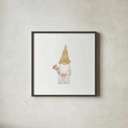 Easter Gnomes III by Jenaya Jackson. Shown in a sleek black glass frame for a contemporary gallery look. Available as an archival giclee rolled canvas, fine art paper, or poster print. SKU 73264a.