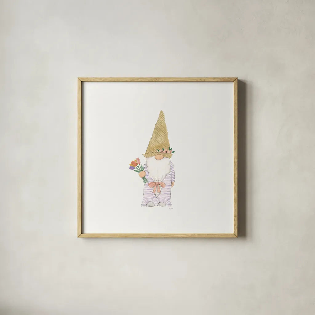 Easter Gnomes III by Jenaya Jackson. Shown in a natural wood glass frame for a timeless modern aesthetic. Available as an archival giclee rolled canvas, fine art paper, or poster print. SKU 73264a.