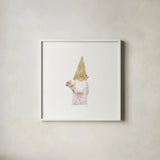 Easter Gnomes III by Jenaya Jackson. Shown in a crisp white glass frame for a clean and minimalist style. Available as an archival giclee rolled canvas, fine art paper, or poster print. SKU 73264a.