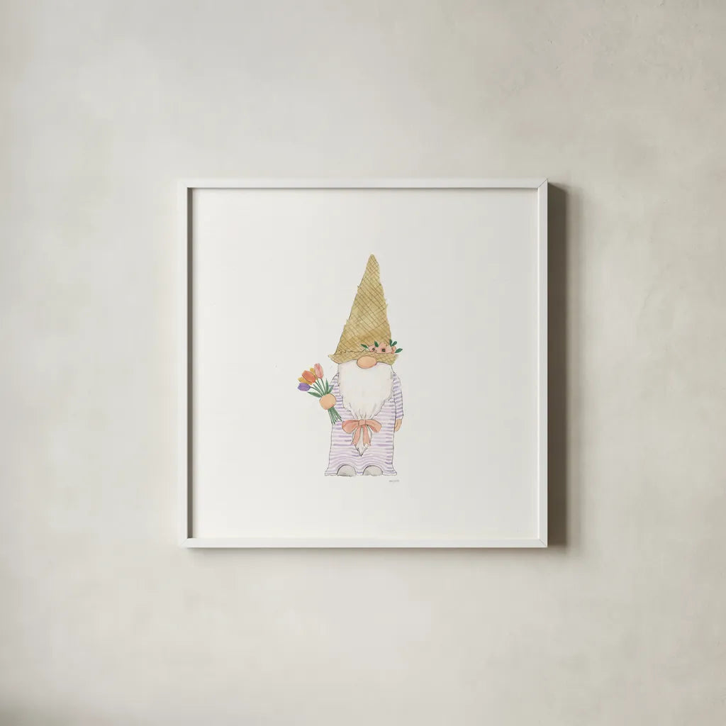 Easter Gnomes III by Jenaya Jackson. Shown in a crisp white glass frame for a clean and minimalist style. Available as an archival giclee rolled canvas, fine art paper, or poster print. SKU 73264a.