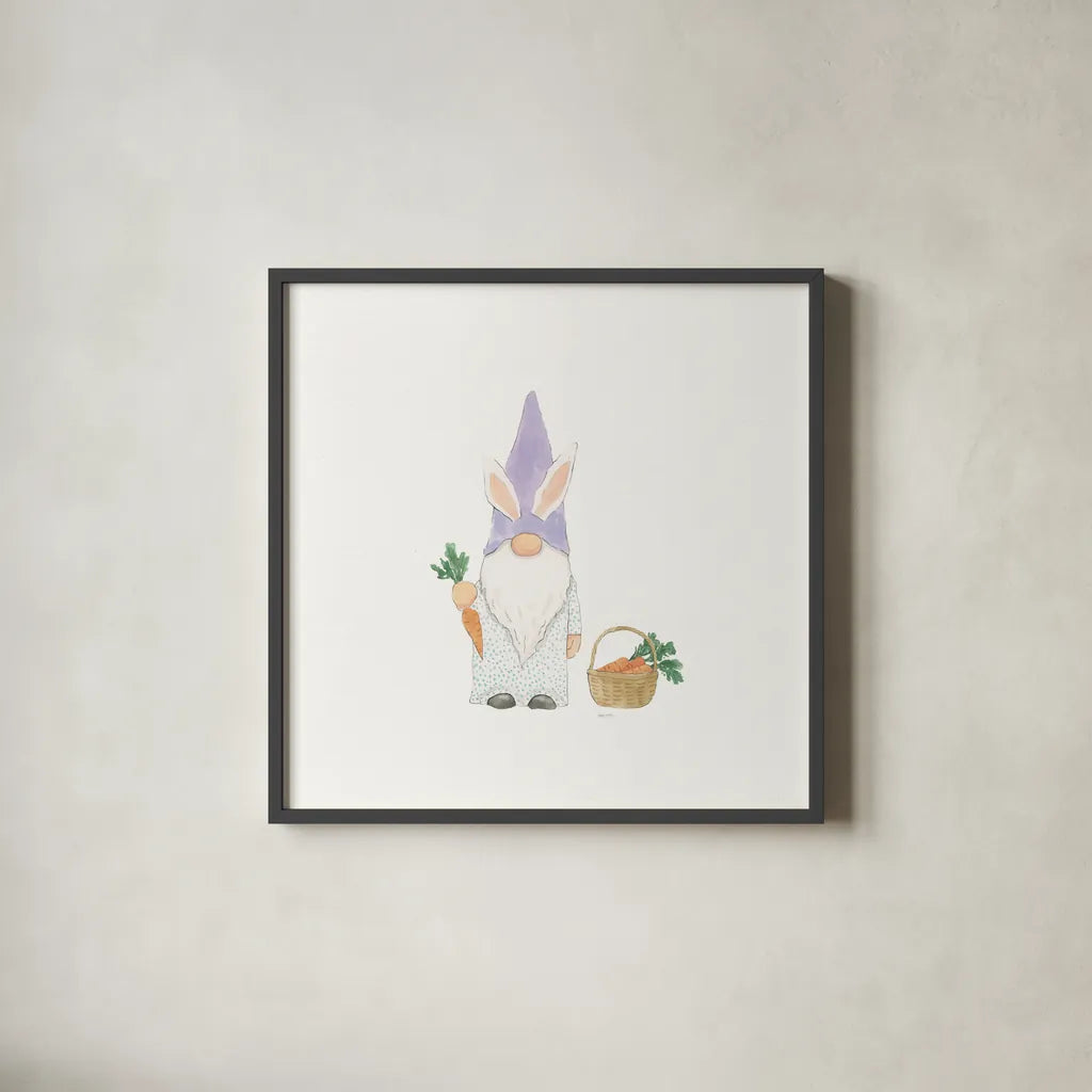 Easter Gnomes IV by Jenaya Jackson. Shown in a sleek black glass frame for a contemporary gallery look. Available as an archival giclee rolled canvas, fine art paper, or poster print. SKU 73265a.