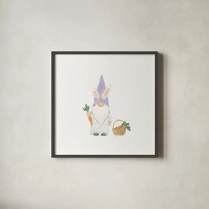 Easter Gnomes IV by Jenaya Jackson. Shown in a sleek black glass frame for a contemporary gallery look. Available as an archival giclee rolled canvas, fine art paper, or poster print. SKU 73265a.