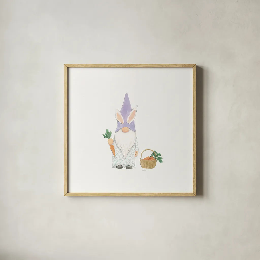 Easter Gnomes IV by Jenaya Jackson. Shown in a natural wood glass frame for a timeless modern aesthetic. Available as an archival giclee rolled canvas, fine art paper, or poster print. SKU 73265a.