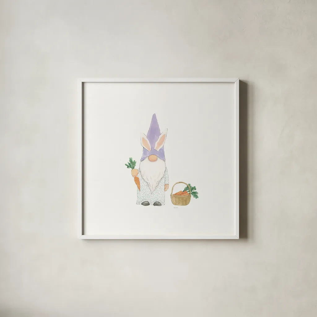 Easter Gnomes IV by Jenaya Jackson. Shown in a crisp white glass frame for a clean and minimalist style. Available as an archival giclee rolled canvas, fine art paper, or poster print. SKU 73265a.