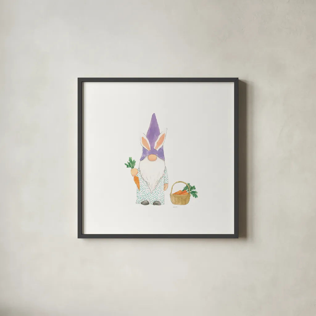 Easter Gnomes IV Bright by Jenaya Jackson. Shown in a sleek black glass frame for a contemporary gallery look. Available as an archival giclee rolled canvas, fine art paper, or poster print. SKU 75761a.