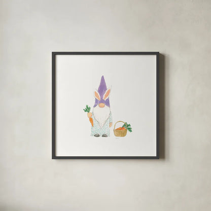 Easter Gnomes IV Bright by Jenaya Jackson. Shown in a sleek black glass frame for a contemporary gallery look. Available as an archival giclee rolled canvas, fine art paper, or poster print. SKU 75761a.
