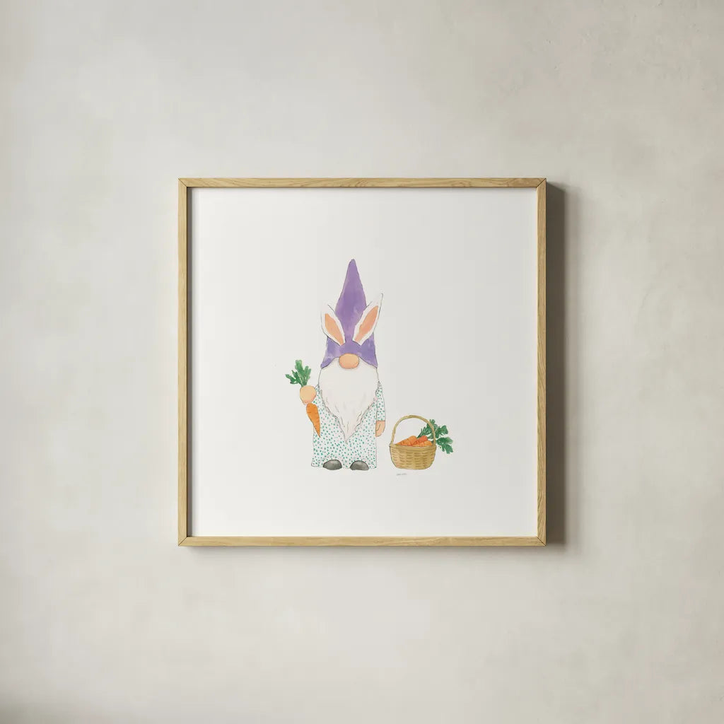 Easter Gnomes IV Bright by Jenaya Jackson. Shown in a natural wood glass frame for a timeless modern aesthetic. Available as an archival giclee rolled canvas, fine art paper, or poster print. SKU 75761a.