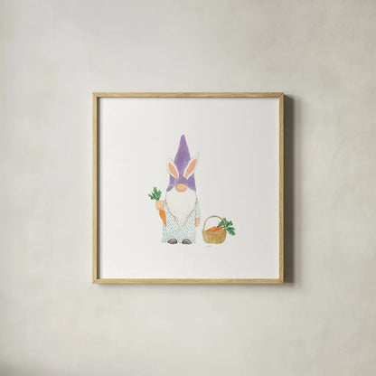 Easter Gnomes IV Bright by Jenaya Jackson. Shown in a natural wood glass frame for a timeless modern aesthetic. Available as an archival giclee rolled canvas, fine art paper, or poster print. SKU 75761a.