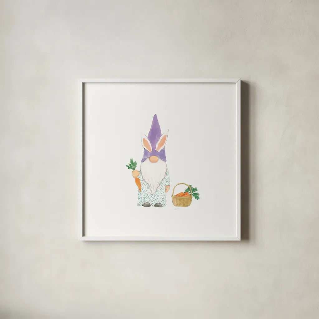 Easter Gnomes IV Bright by Jenaya Jackson. Shown in a crisp white glass frame for a clean and minimalist style. Available as an archival giclee rolled canvas, fine art paper, or poster print. SKU 75761a.