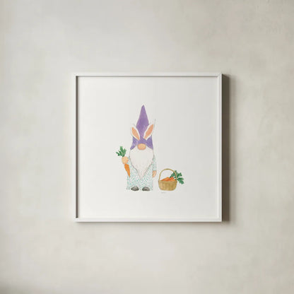 Easter Gnomes IV Bright by Jenaya Jackson. Shown in a crisp white glass frame for a clean and minimalist style. Available as an archival giclee rolled canvas, fine art paper, or poster print. SKU 75761a.