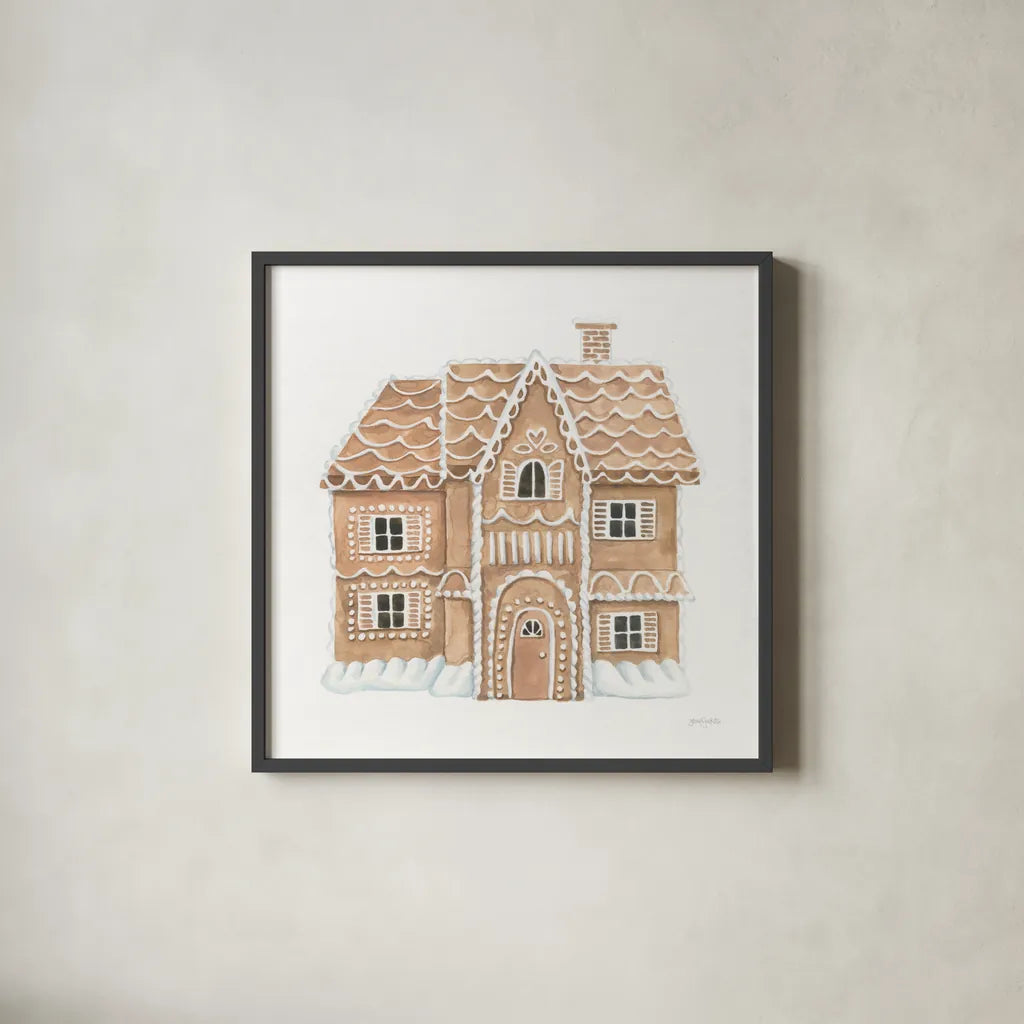 Gingerbread  Dream House I by Jenaya Jackson. Shown in a sleek black glass frame for a contemporary gallery look. Available as an archival giclee rolled canvas, fine art paper, or poster print. SKU 100006a.