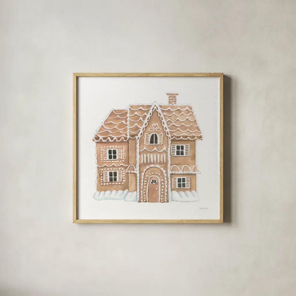 Gingerbread  Dream House I by Jenaya Jackson. Shown in a natural wood glass frame for a timeless modern aesthetic. Available as an archival giclee rolled canvas, fine art paper, or poster print. SKU 100006a.