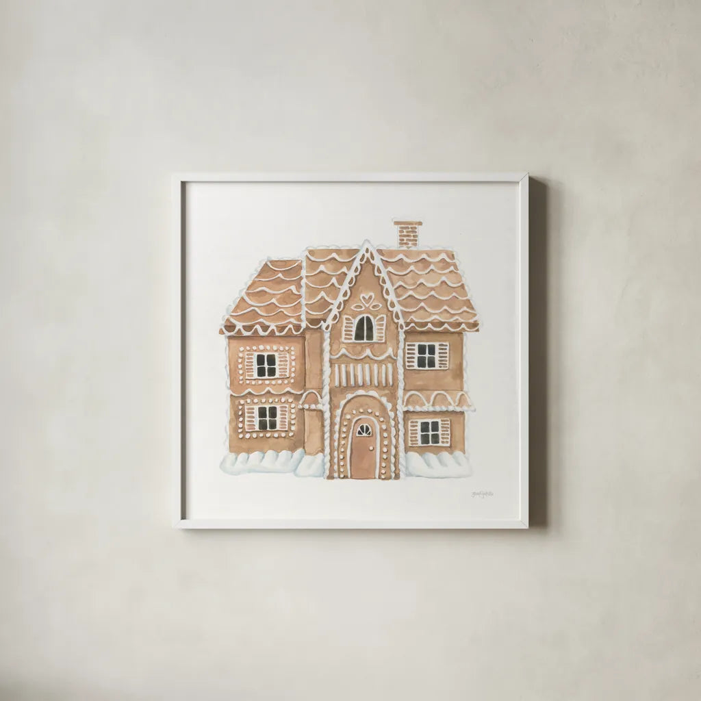 Gingerbread  Dream House I by Jenaya Jackson. Shown in a crisp white glass frame for a clean and minimalist style. Available as an archival giclee rolled canvas, fine art paper, or poster print. SKU 100006a.