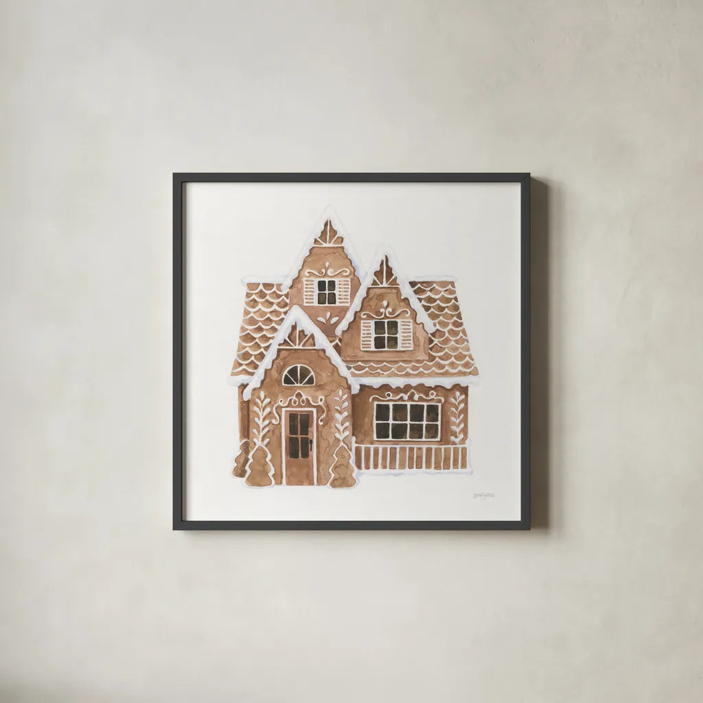 Gingerbread  Dream House II by Jenaya Jackson. Shown in a sleek black glass frame for a contemporary gallery look. Available as an archival giclee rolled canvas, fine art paper, or poster print. SKU 100007a.