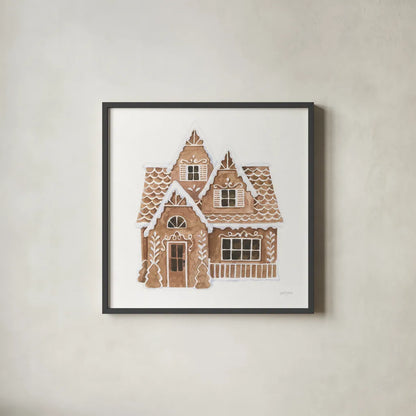Gingerbread  Dream House II by Jenaya Jackson. Shown in a sleek black glass frame for a contemporary gallery look. Available as an archival giclee rolled canvas, fine art paper, or poster print. SKU 100007a.