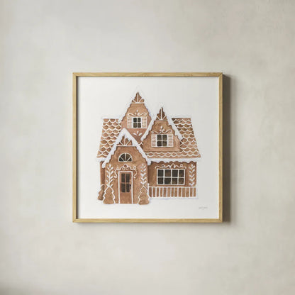 Gingerbread  Dream House II by Jenaya Jackson. Shown in a natural wood glass frame for a timeless modern aesthetic. Available as an archival giclee rolled canvas, fine art paper, or poster print. SKU 100007a.