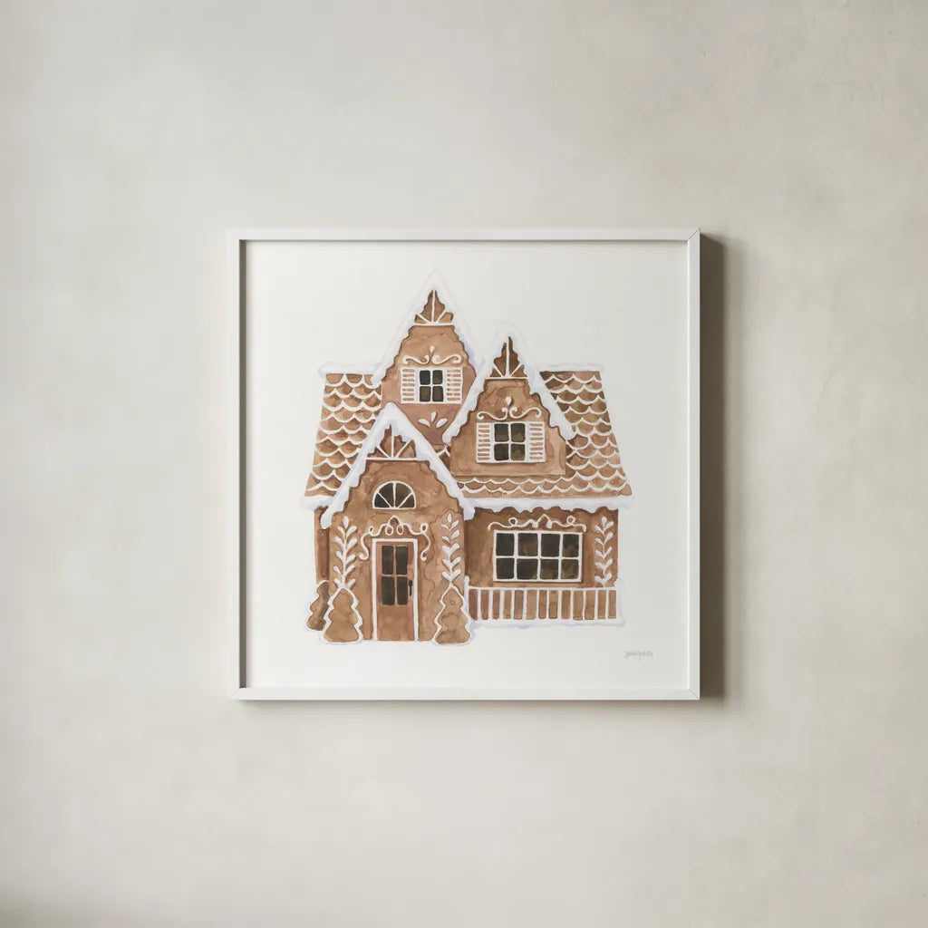 Gingerbread  Dream House II by Jenaya Jackson. Shown in a crisp white glass frame for a clean and minimalist style. Available as an archival giclee rolled canvas, fine art paper, or poster print. SKU 100007a.