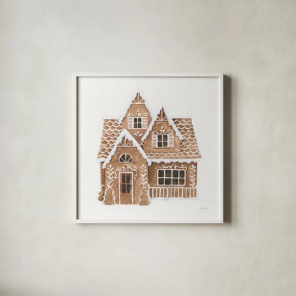 Gingerbread  Dream House II by Jenaya Jackson. Shown in a crisp white glass frame for a clean and minimalist style. Available as an archival giclee rolled canvas, fine art paper, or poster print. SKU 100007a.