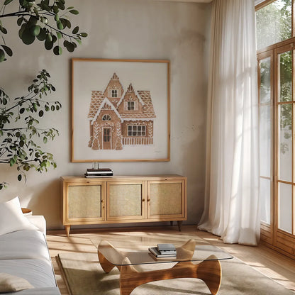 Gingerbread  Dream House II by Jenaya Jackson. Shown in a natural wood frame in a cozy modern living room. Available as an archival giclee rolled canvas, fine art paper, or poster print. SKU 100007a.
