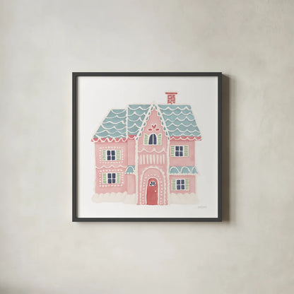 Gingerbread Dream House I Pastel by Jenaya Jackson. Shown in a sleek black glass frame for a contemporary gallery look. Available as an archival giclee rolled canvas, fine art paper, or poster print. SKU 100727a.