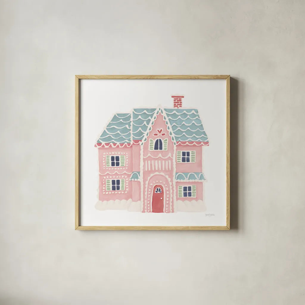 Gingerbread Dream House I Pastel by Jenaya Jackson. Shown in a natural wood glass frame for a timeless modern aesthetic. Available as an archival giclee rolled canvas, fine art paper, or poster print. SKU 100727a.