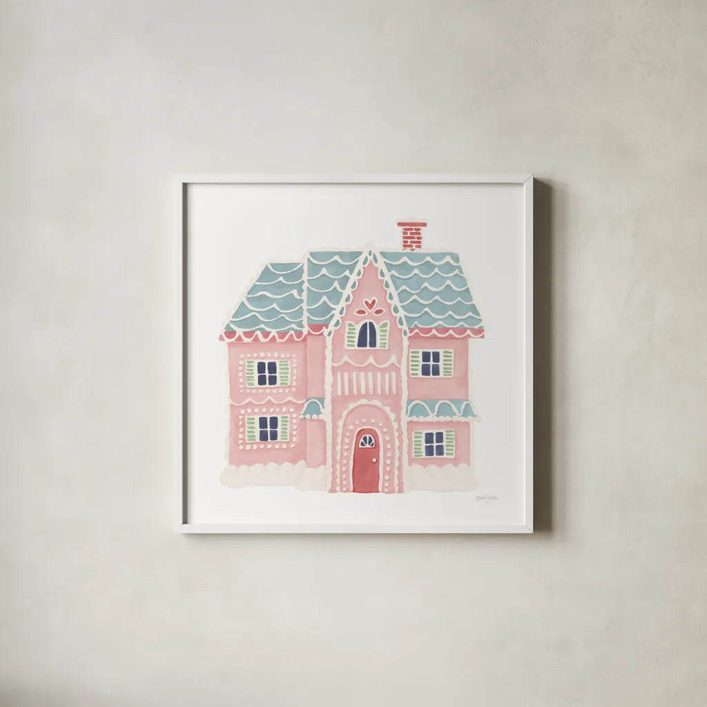 Gingerbread Dream House I Pastel by Jenaya Jackson. Shown in a crisp white glass frame for a clean and minimalist style. Available as an archival giclee rolled canvas, fine art paper, or poster print. SKU 100727a.