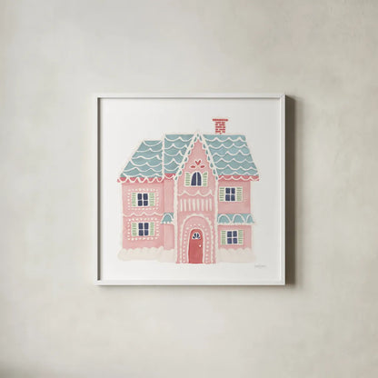 Gingerbread Dream House I Pastel by Jenaya Jackson. Shown in a crisp white glass frame for a clean and minimalist style. Available as an archival giclee rolled canvas, fine art paper, or poster print. SKU 100727a.