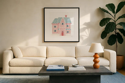 Gingerbread Dream House I Pastel by Jenaya Jackson. Displayed in a glass frame with matte in a clean modern living room. Available as an archival giclee rolled canvas, fine art paper, or poster print. SKU 100727a.