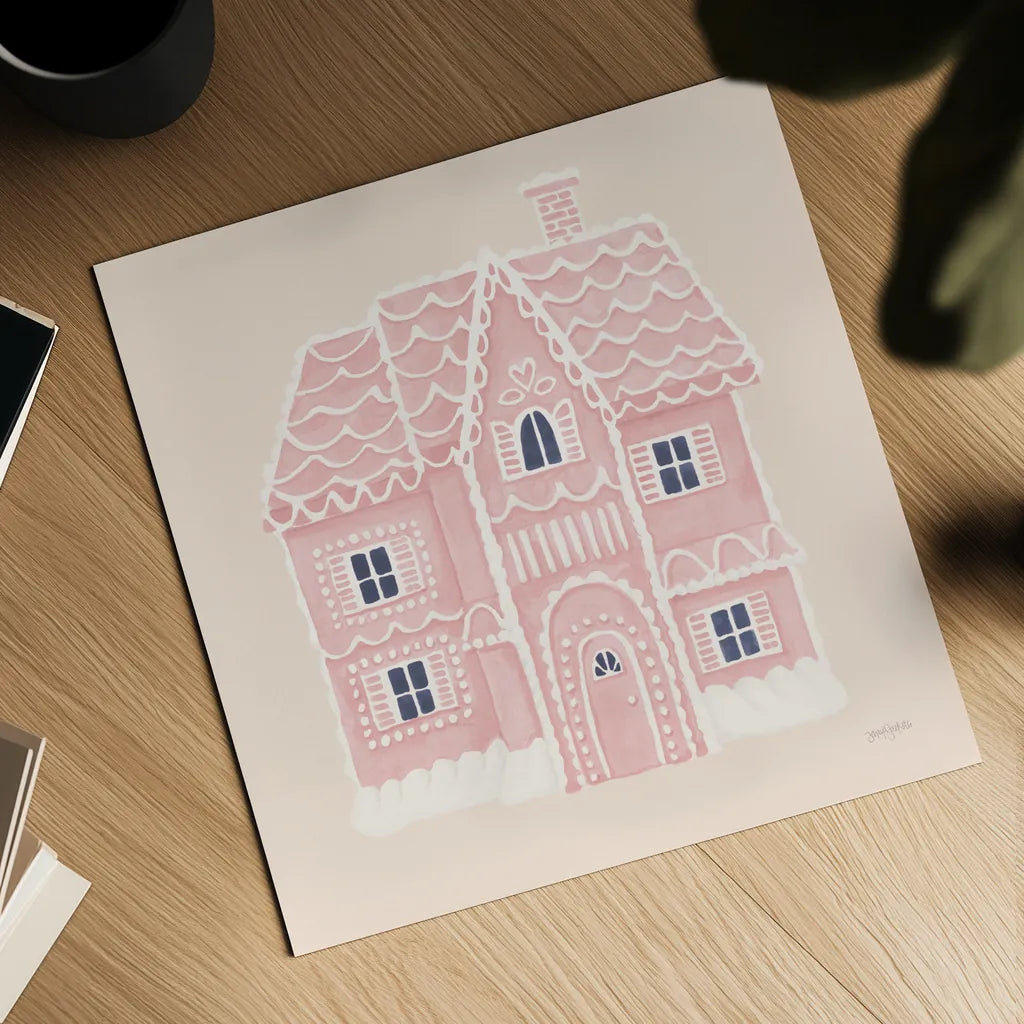 Gingerbread Dream House I Pink Square by Jenaya Jackson. Shown as a detailed flat fine art print, highlighting archival giclee quality. Available as an archival giclee rolled canvas, fine art paper, or poster print. SKU 100442a.