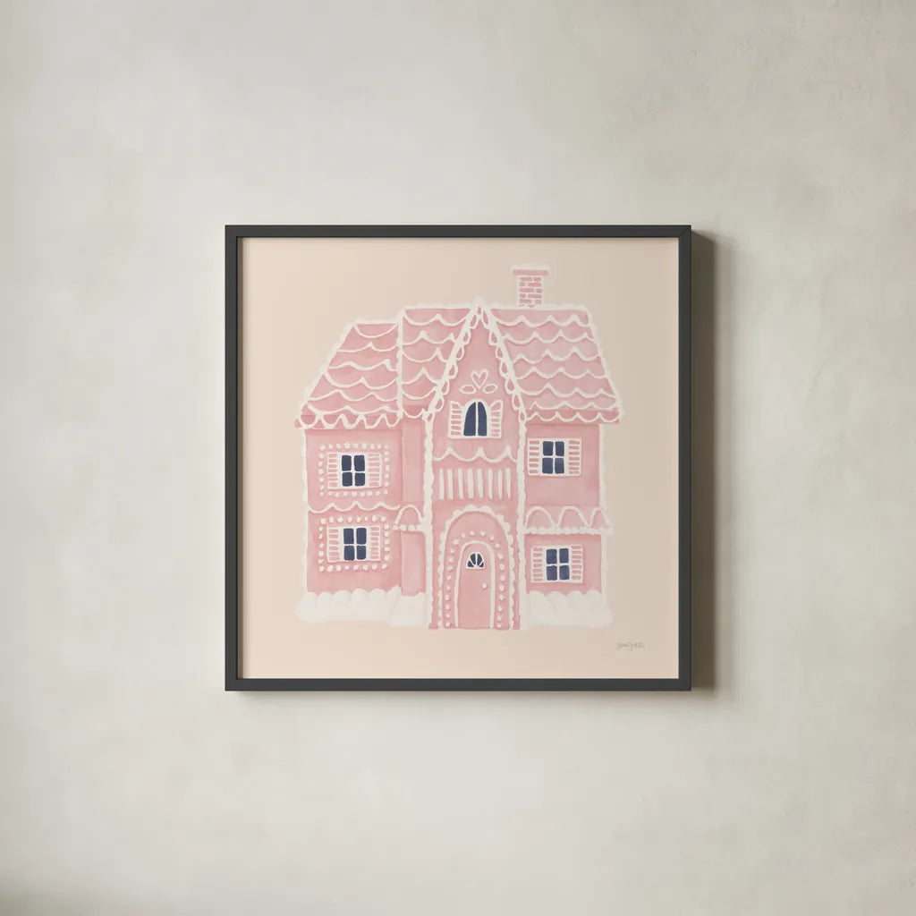 Gingerbread Dream House I Pink Square by Jenaya Jackson. Shown in a sleek black glass frame for a contemporary gallery look. Available as an archival giclee rolled canvas, fine art paper, or poster print. SKU 100442a.