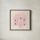 Gingerbread Dream House I Pink Square by Jenaya Jackson. Shown in a sleek black glass frame for a contemporary gallery look. Available as an archival giclee rolled canvas, fine art paper, or poster print. SKU 100442a.