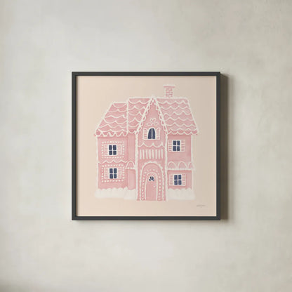Gingerbread Dream House I Pink Square by Jenaya Jackson. Shown in a sleek black glass frame for a contemporary gallery look. Available as an archival giclee rolled canvas, fine art paper, or poster print. SKU 100442a.
