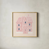 Gingerbread Dream House I Pink Square by Jenaya Jackson. Shown in a natural wood glass frame for a timeless modern aesthetic. Available as an archival giclee rolled canvas, fine art paper, or poster print. SKU 100442a.