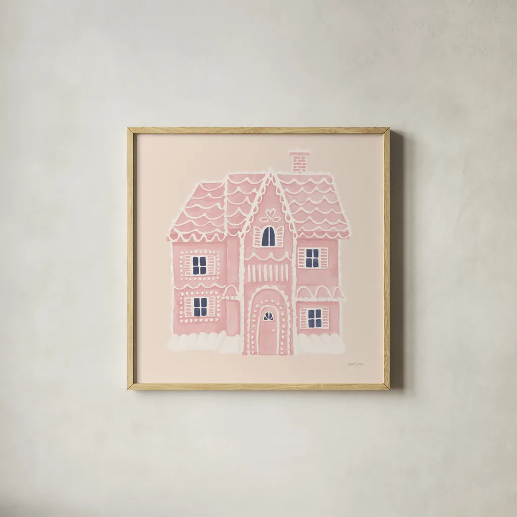 Gingerbread Dream House I Pink Square by Jenaya Jackson. Shown in a natural wood glass frame for a timeless modern aesthetic. Available as an archival giclee rolled canvas, fine art paper, or poster print. SKU 100442a.