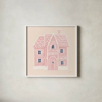 Gingerbread Dream House I Pink Square by Jenaya Jackson. Shown in a crisp white glass frame for a clean and minimalist style. Available as an archival giclee rolled canvas, fine art paper, or poster print. SKU 100442a.