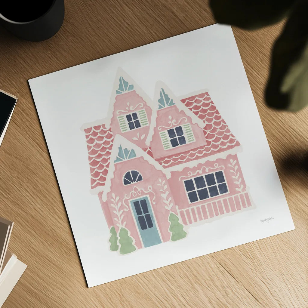 Gingerbread Dream House II Pastel by Jenaya Jackson. Shown as a detailed flat fine art print, highlighting archival giclee quality. Available as an archival giclee rolled canvas, fine art paper, or poster print. SKU 100728a.