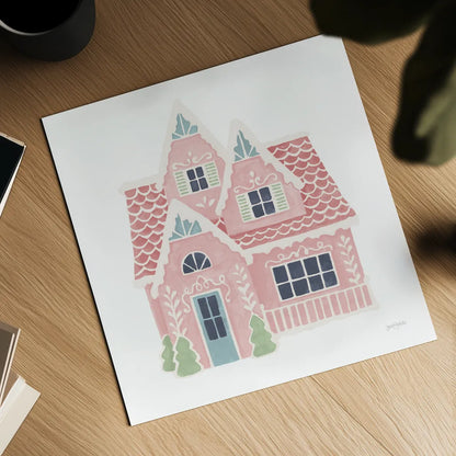 Gingerbread Dream House II Pastel by Jenaya Jackson. Shown as a detailed flat fine art print, highlighting archival giclee quality. Available as an archival giclee rolled canvas, fine art paper, or poster print. SKU 100728a.