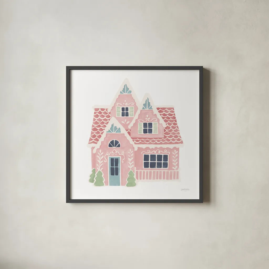Gingerbread Dream House II Pastel by Jenaya Jackson. Shown in a sleek black glass frame for a contemporary gallery look. Available as an archival giclee rolled canvas, fine art paper, or poster print. SKU 100728a.