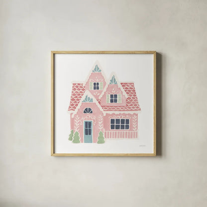Gingerbread Dream House II Pastel by Jenaya Jackson. Shown in a natural wood glass frame for a timeless modern aesthetic. Available as an archival giclee rolled canvas, fine art paper, or poster print. SKU 100728a.