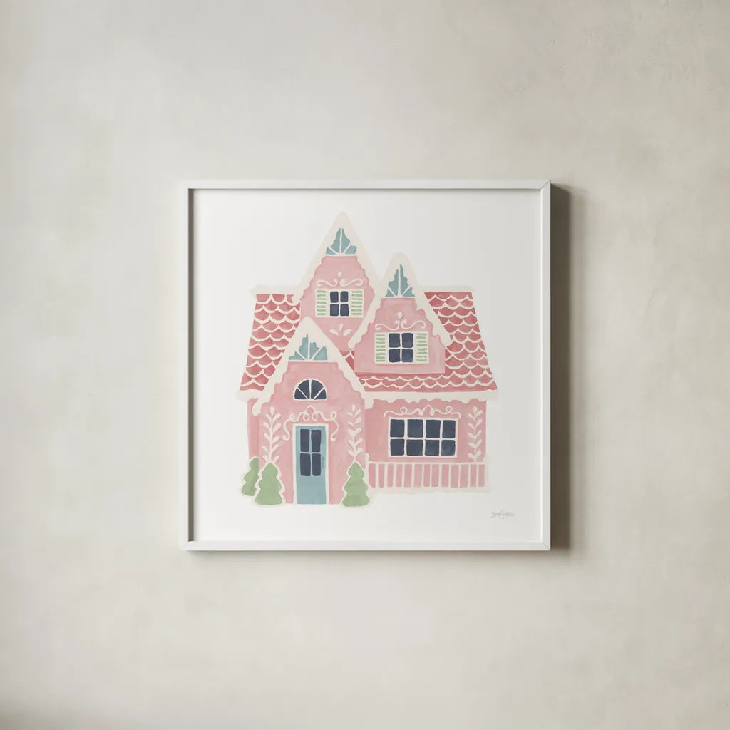 Gingerbread Dream House II Pastel by Jenaya Jackson. Shown in a crisp white glass frame for a clean and minimalist style. Available as an archival giclee rolled canvas, fine art paper, or poster print. SKU 100728a.