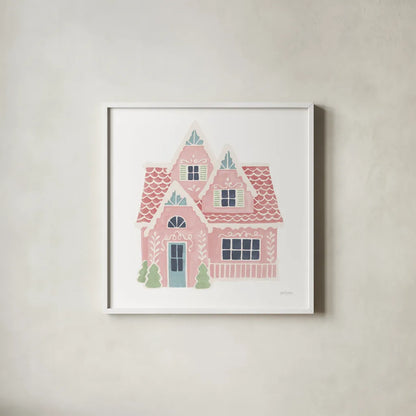 Gingerbread Dream House II Pastel by Jenaya Jackson. Shown in a crisp white glass frame for a clean and minimalist style. Available as an archival giclee rolled canvas, fine art paper, or poster print. SKU 100728a.