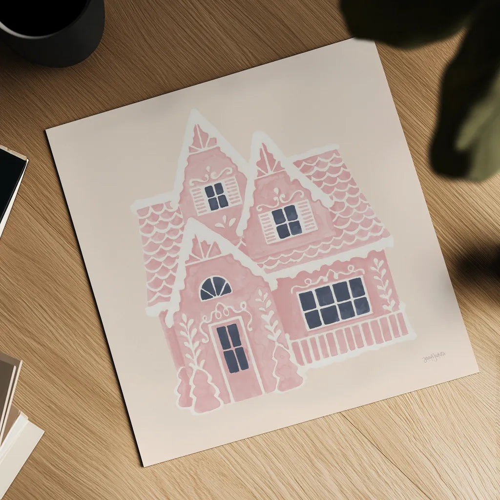Gingerbread Dream House II Pink Square by Jenaya Jackson. Shown as a detailed flat fine art print, highlighting archival giclee quality. Available as an archival giclee rolled canvas, fine art paper, or poster print. SKU 100443a.