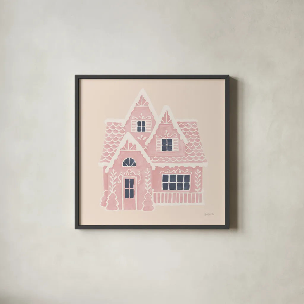 Gingerbread Dream House II Pink Square by Jenaya Jackson. Shown in a sleek black glass frame for a contemporary gallery look. Available as an archival giclee rolled canvas, fine art paper, or poster print. SKU 100443a.