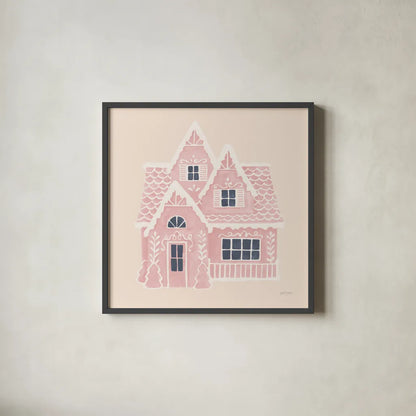 Gingerbread Dream House II Pink Square by Jenaya Jackson. Shown in a sleek black glass frame for a contemporary gallery look. Available as an archival giclee rolled canvas, fine art paper, or poster print. SKU 100443a.