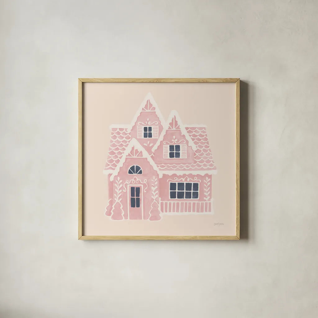 Gingerbread Dream House II Pink Square by Jenaya Jackson. Shown in a natural wood glass frame for a timeless modern aesthetic. Available as an archival giclee rolled canvas, fine art paper, or poster print. SKU 100443a.