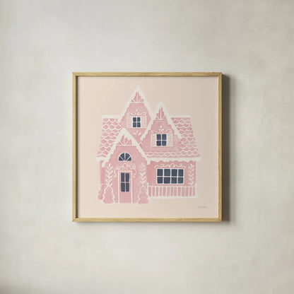 Gingerbread Dream House II Pink Square by Jenaya Jackson. Shown in a natural wood glass frame for a timeless modern aesthetic. Available as an archival giclee rolled canvas, fine art paper, or poster print. SKU 100443a.