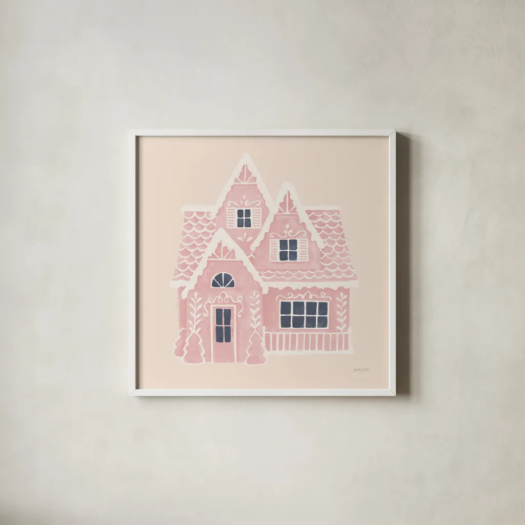 Gingerbread Dream House II Pink Square by Jenaya Jackson. Shown in a crisp white glass frame for a clean and minimalist style. Available as an archival giclee rolled canvas, fine art paper, or poster print. SKU 100443a.