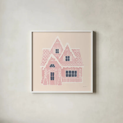 Gingerbread Dream House II Pink Square by Jenaya Jackson. Shown in a crisp white glass frame for a clean and minimalist style. Available as an archival giclee rolled canvas, fine art paper, or poster print. SKU 100443a.