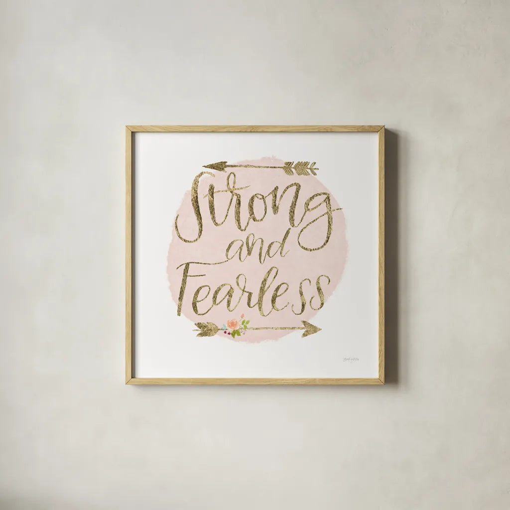 Girl Power I Strong and Fearless Bright by Jenaya Jackson. Shown in a natural wood glass frame for a timeless modern aesthetic. Available as an archival giclee rolled canvas, fine art paper, or poster print. SKU 42882a.