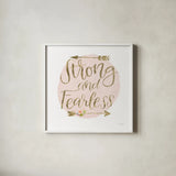 Girl Power I Strong and Fearless Bright by Jenaya Jackson. Shown in a crisp white glass frame for a clean and minimalist style. Available as an archival giclee rolled canvas, fine art paper, or poster print. SKU 42882a.